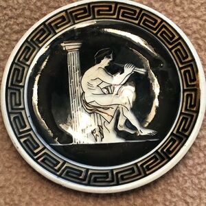 Vintage Greek Keramikos Black and Gold Greek God With Flute  Ceramic Plate